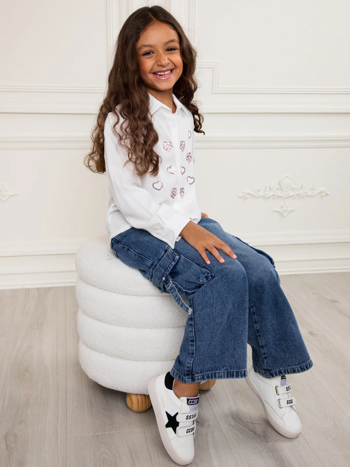 White Sequined Luxe Relaxed Fit Button-Up Top - Image 3