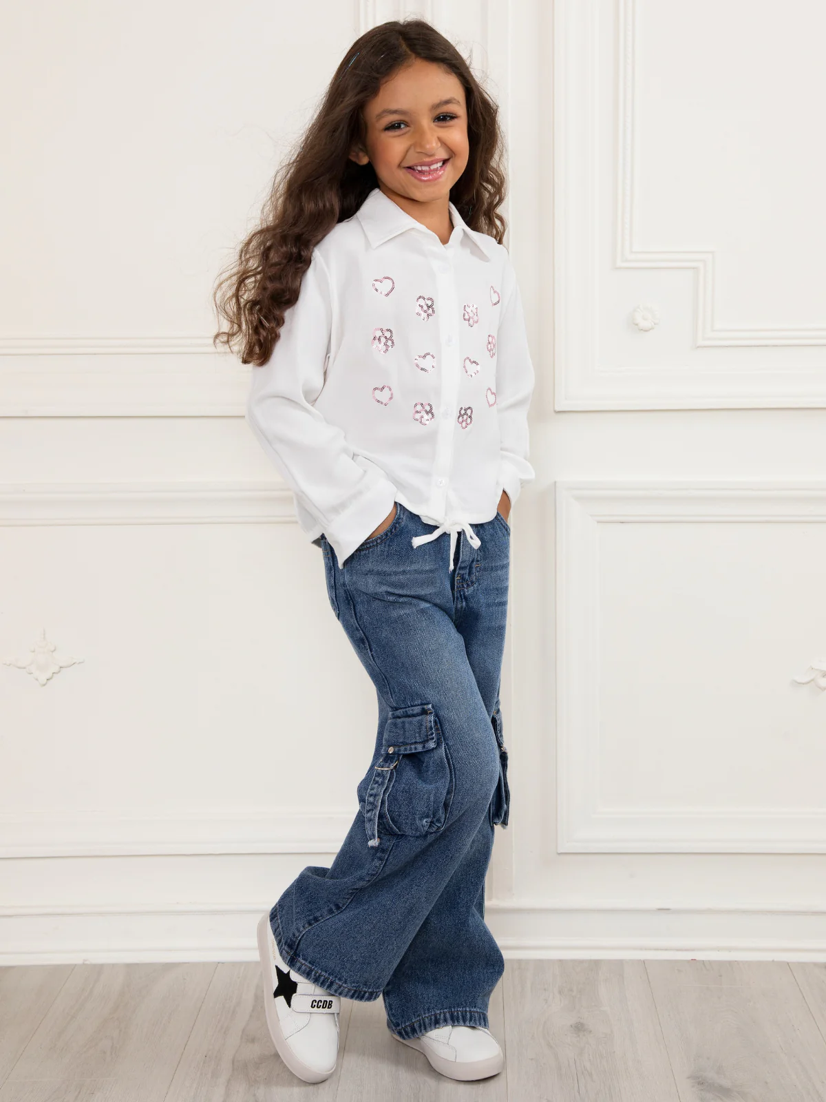 White Sequined Luxe Relaxed Fit Button-Up Top - Image 4
