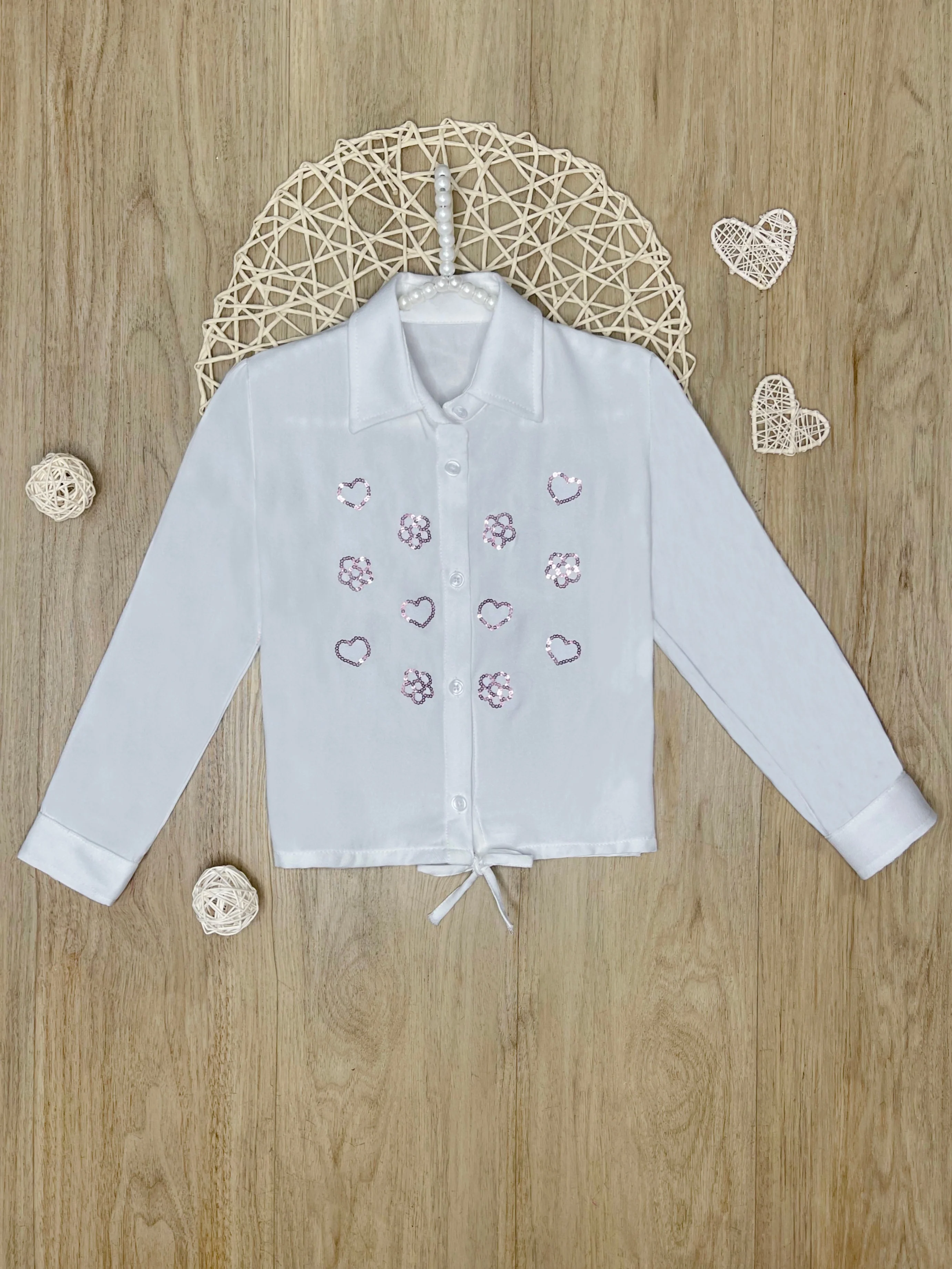White Sequined Luxe Relaxed Fit Button-Up Top - Image 5