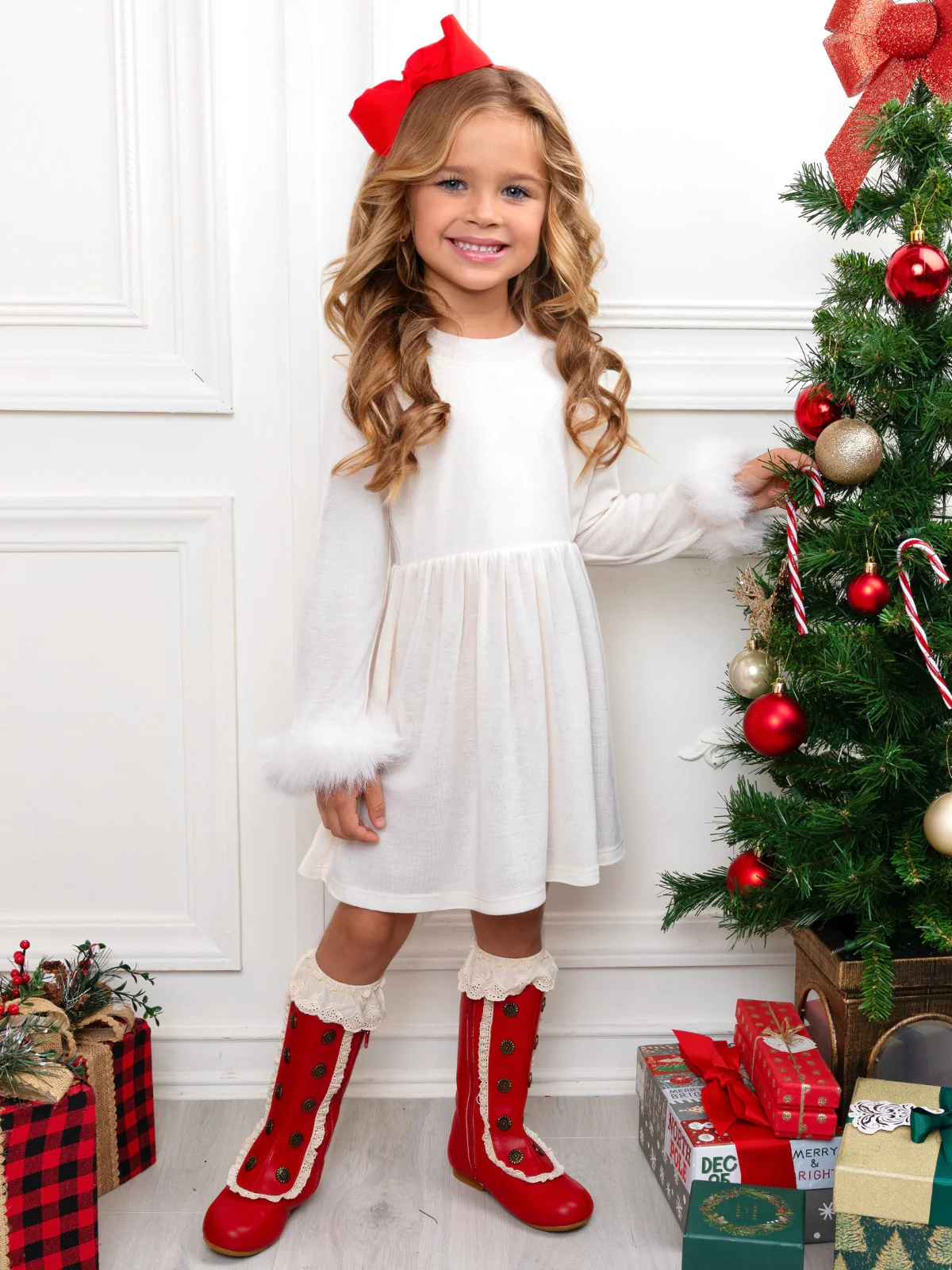 Winter Glam Cream Dress with Luxe Faux Fur Cuffs - Image 2