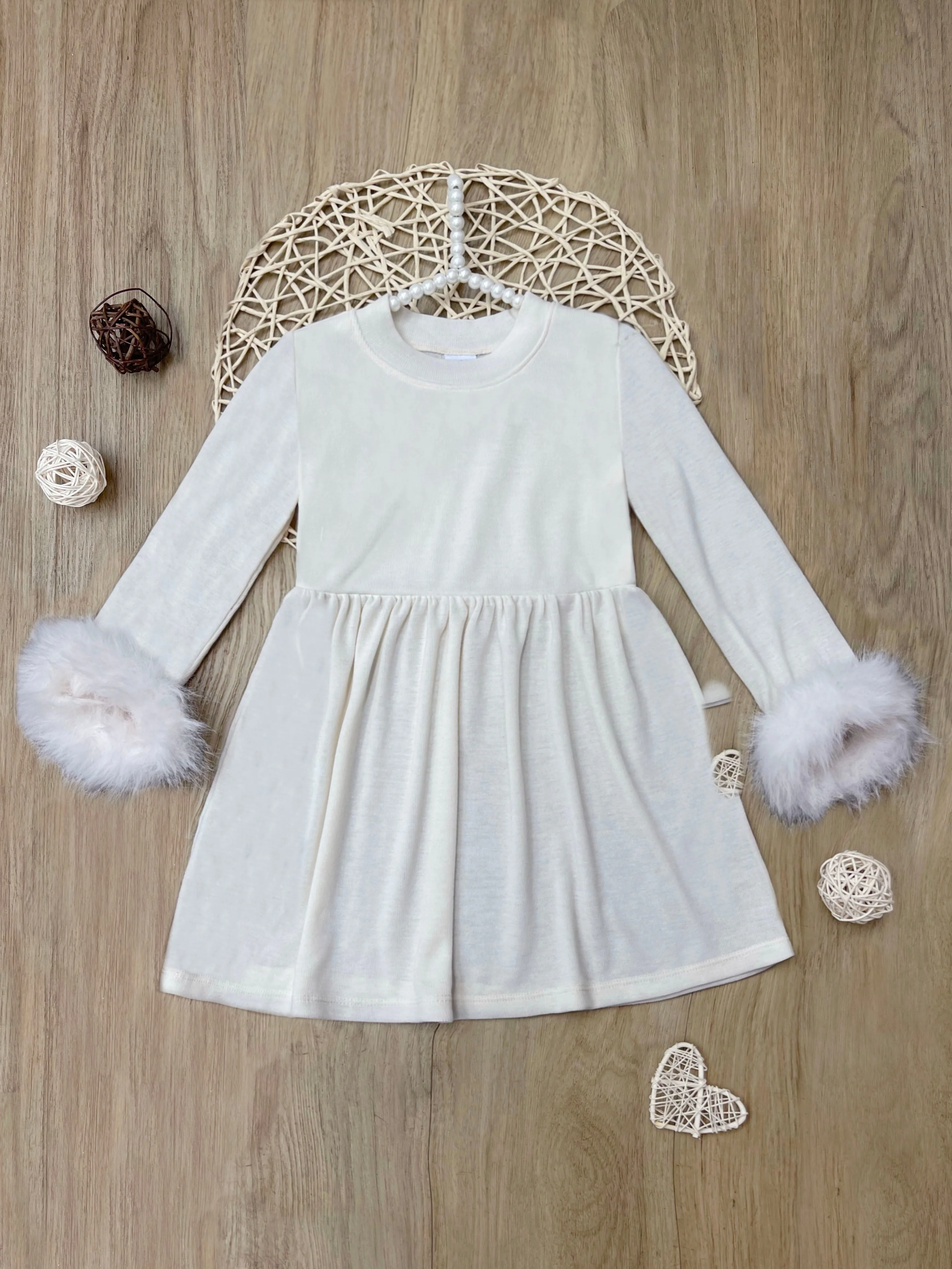 Winter Glam Cream Dress with Luxe Faux Fur Cuffs - Image 3
