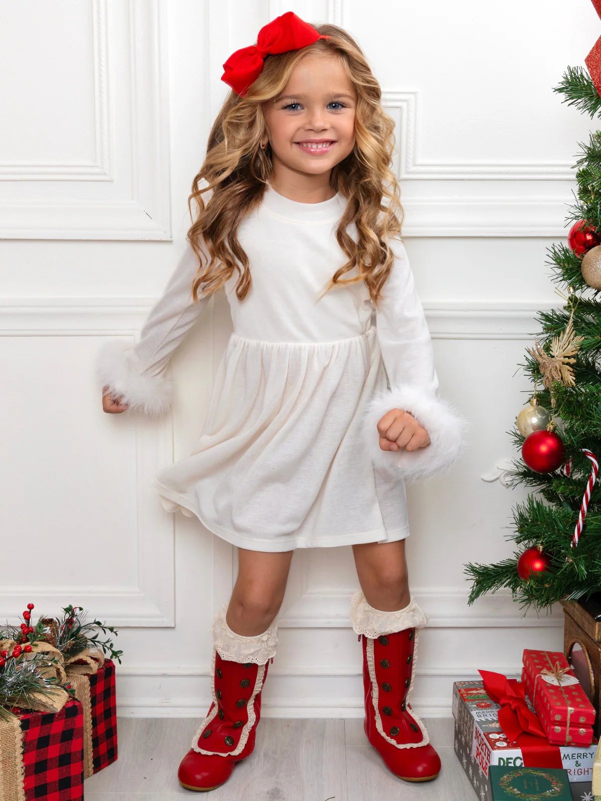 Winter Glam Cream Dress with Luxe Faux Fur Cuffs - Image 6