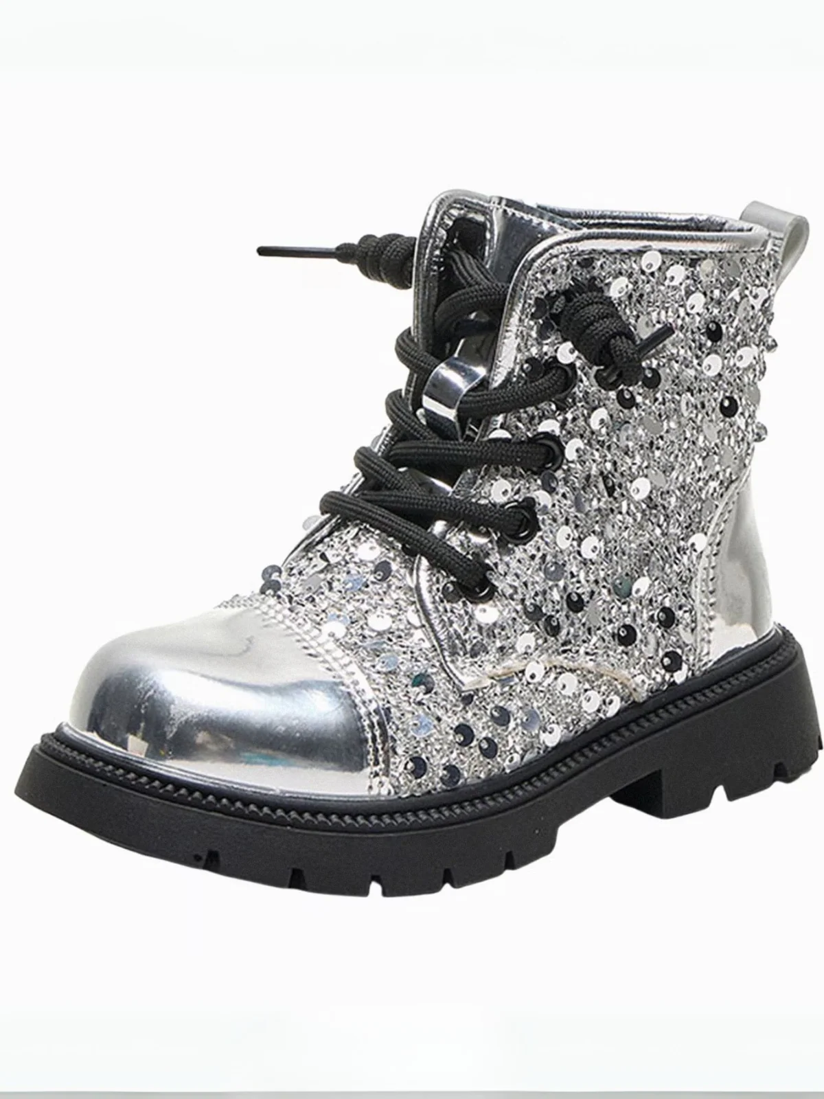 Girls Silver Sequined Combat Boots by Liv and Mia - Image 2