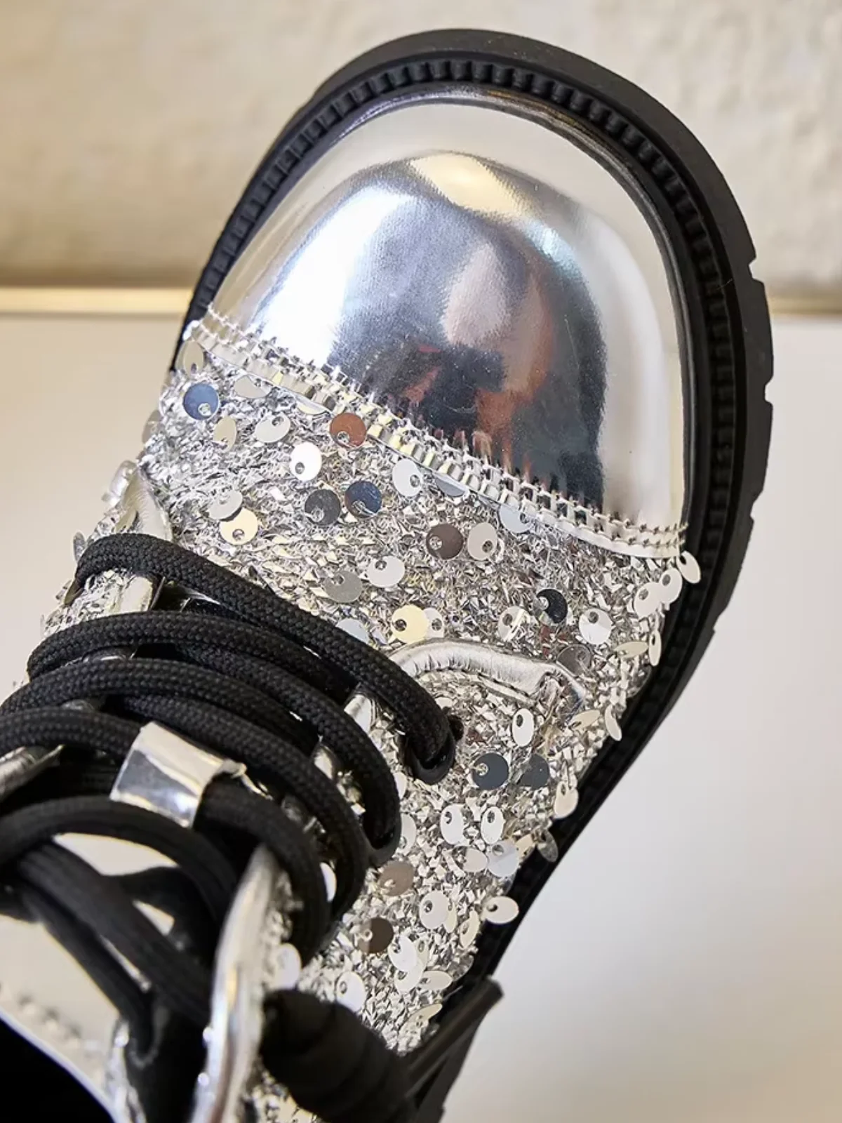 Girls Silver Sequined Combat Boots by Liv and Mia - Image 3