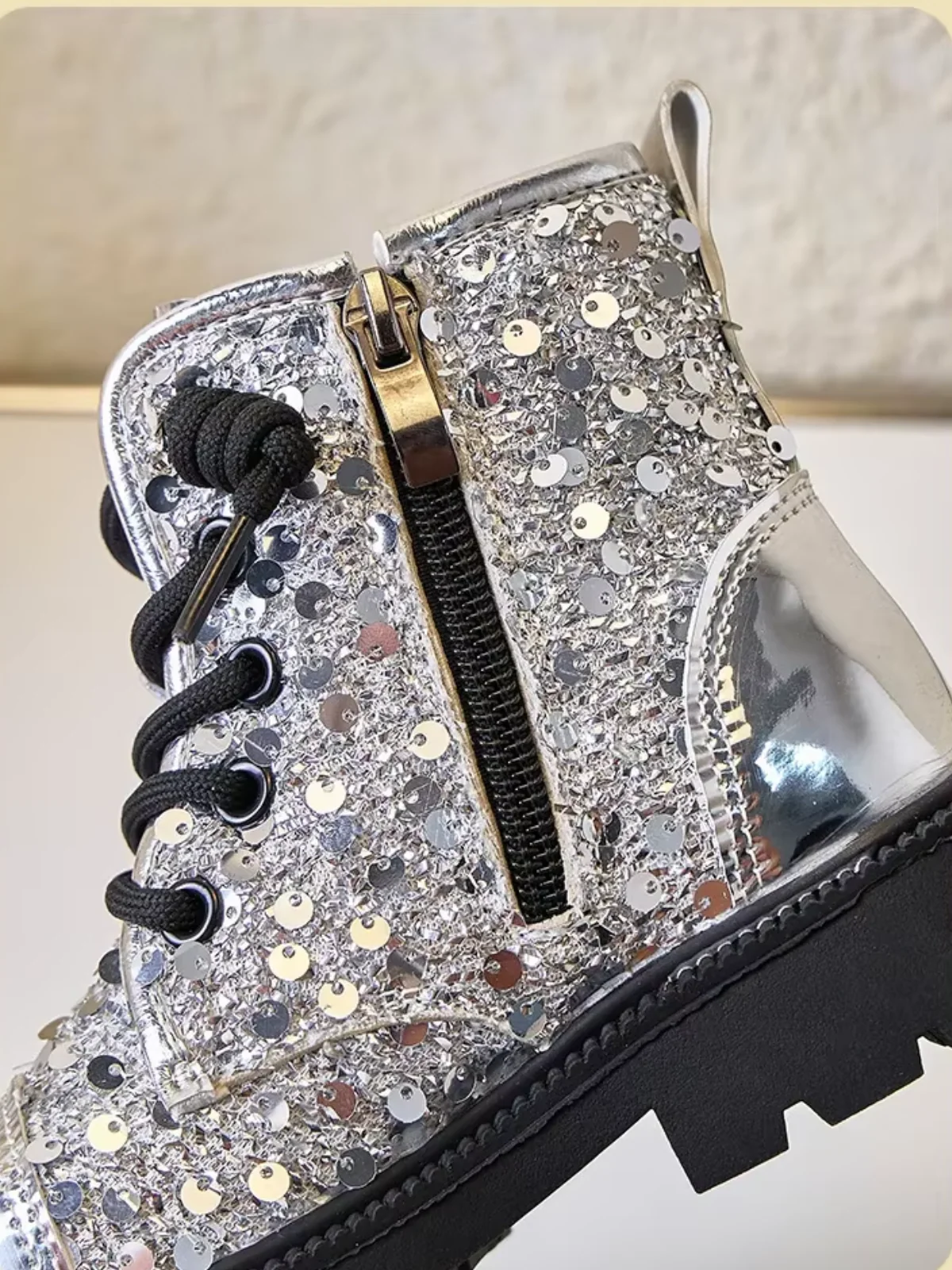 Girls Silver Sequined Combat Boots by Liv and Mia - Image 4