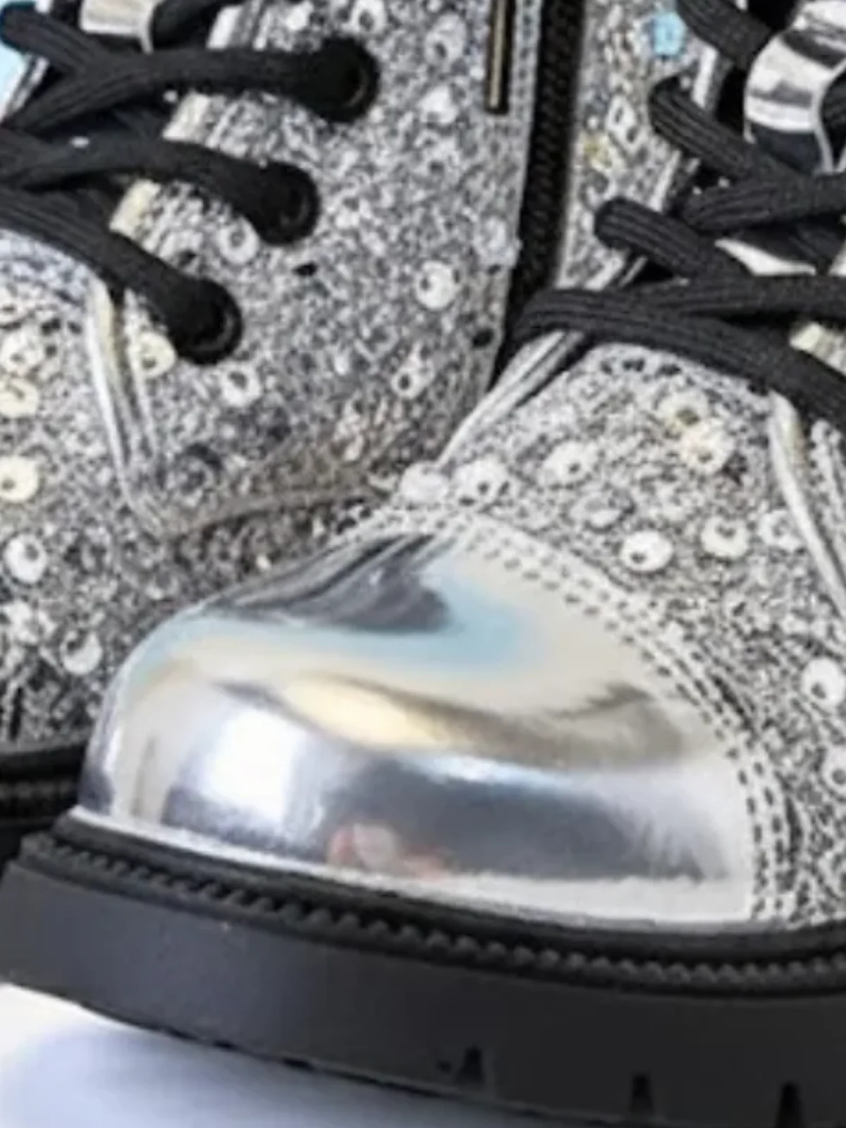 Girls Silver Sequined Combat Boots by Liv and Mia - Image 5