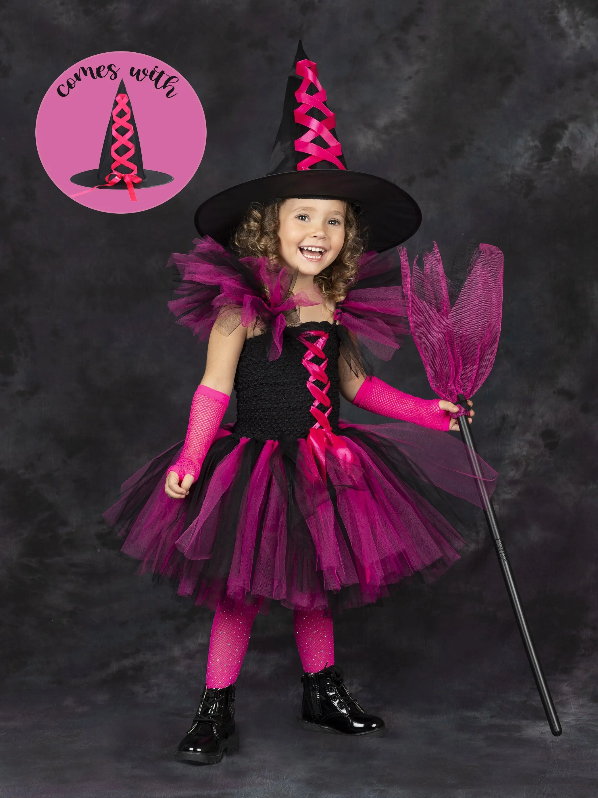 Girls Deluxe Witch Trio Tutu Costume Dress with Hat - Image 2