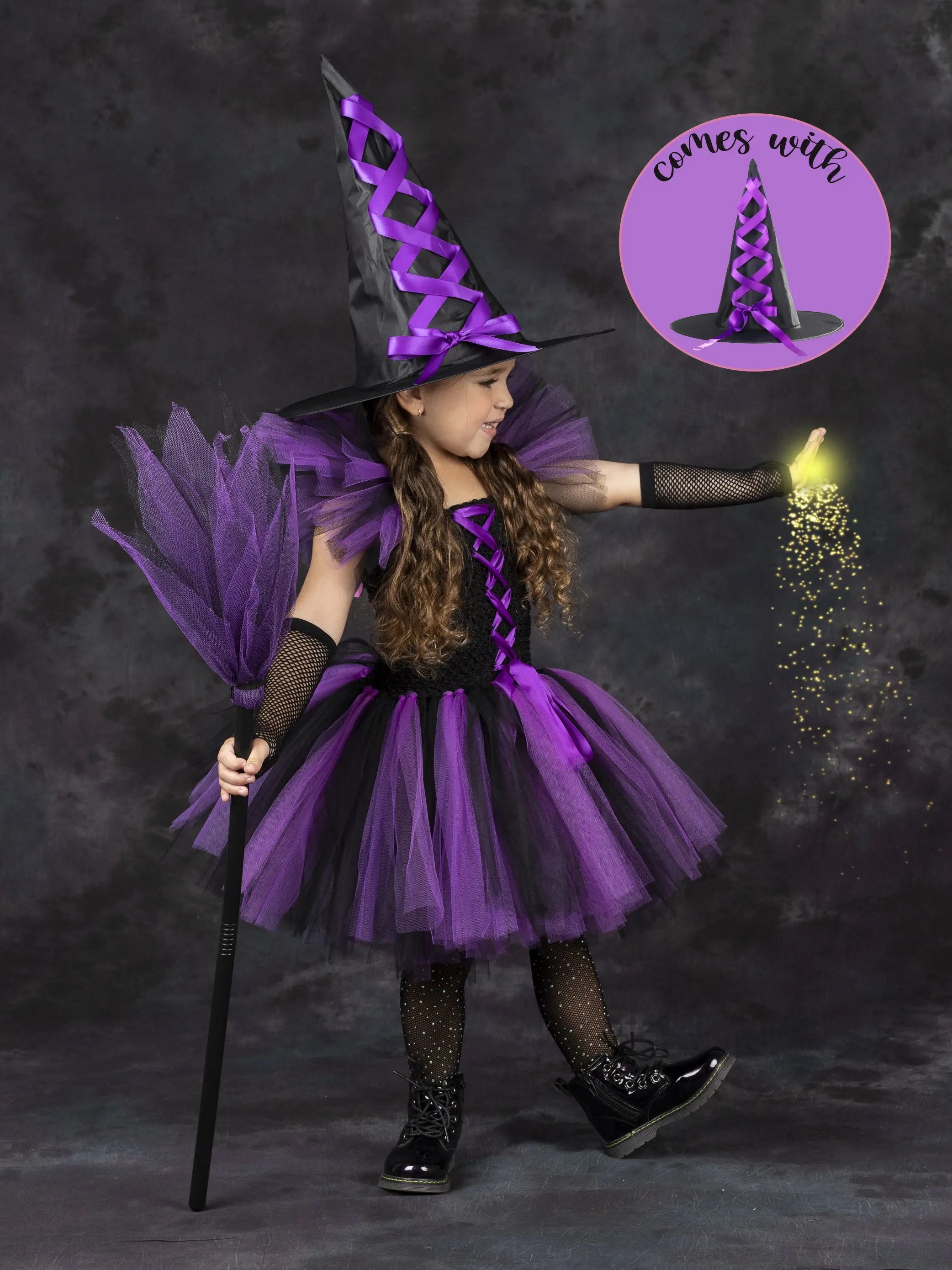 Girls Deluxe Witch Trio Tutu Costume Dress with Hat - Image 3