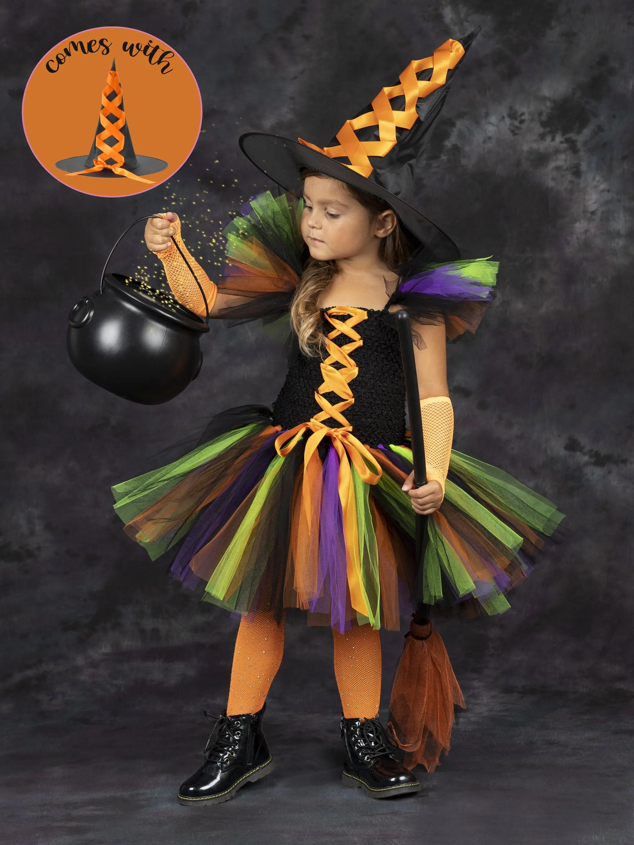 Girls Deluxe Witch Trio Tutu Costume Dress with Hat - Image 4