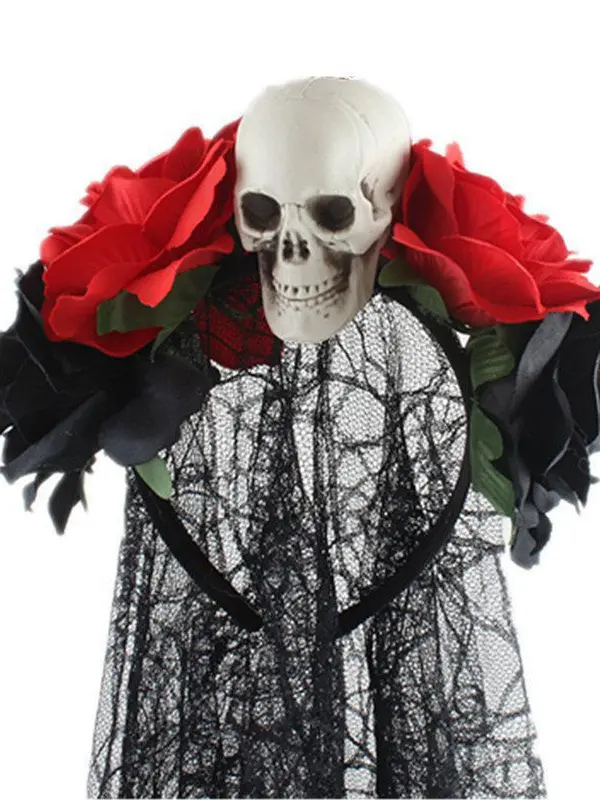 Girls Day of The Dead Rose Skull Black Lace Veil Headband - Image 2