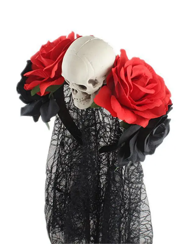 Girls Day of The Dead Rose Skull Black Lace Veil Headband - Image 3