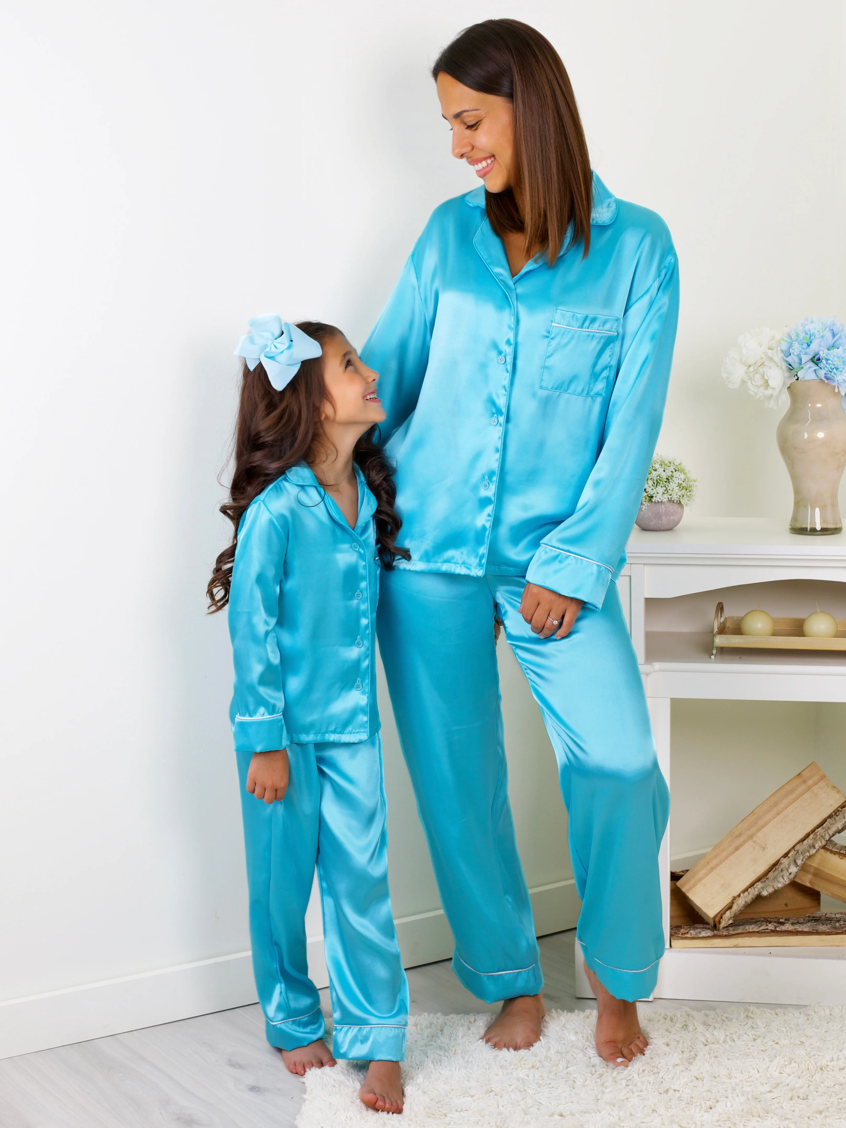 Womens Turquoise Silk Pant Pajama Set - Image 2
