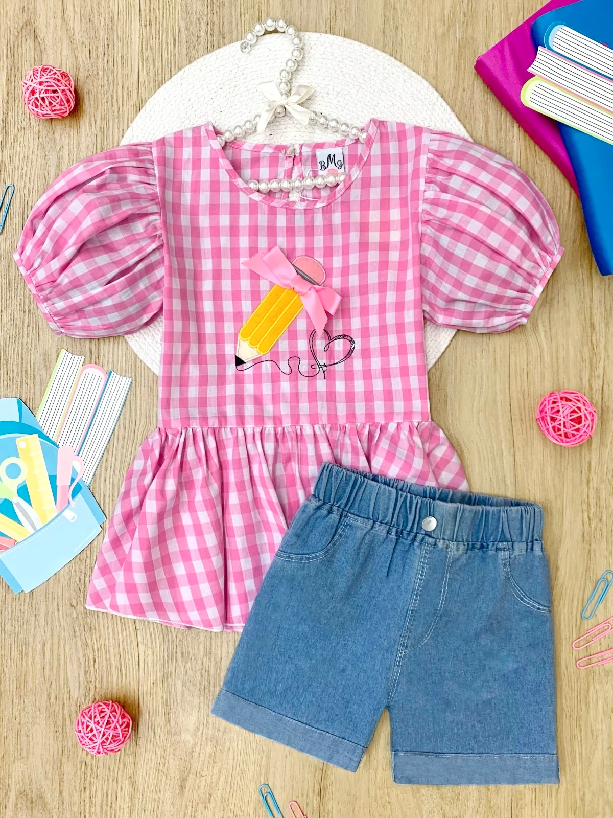 Write On Trend Pink Gingham Pencil Top & Denim Short Set - Image 2
