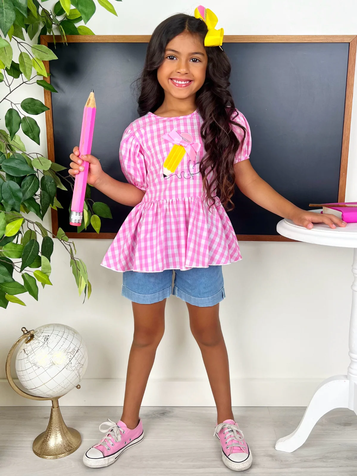 Write On Trend Pink Gingham Pencil Top & Denim Short Set - Image 4