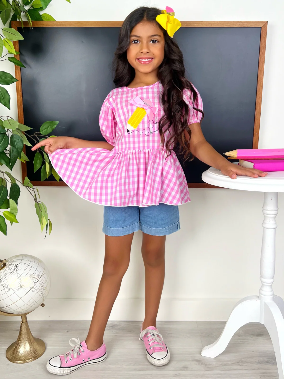 Write On Trend Pink Gingham Pencil Top & Denim Short Set - Image 5