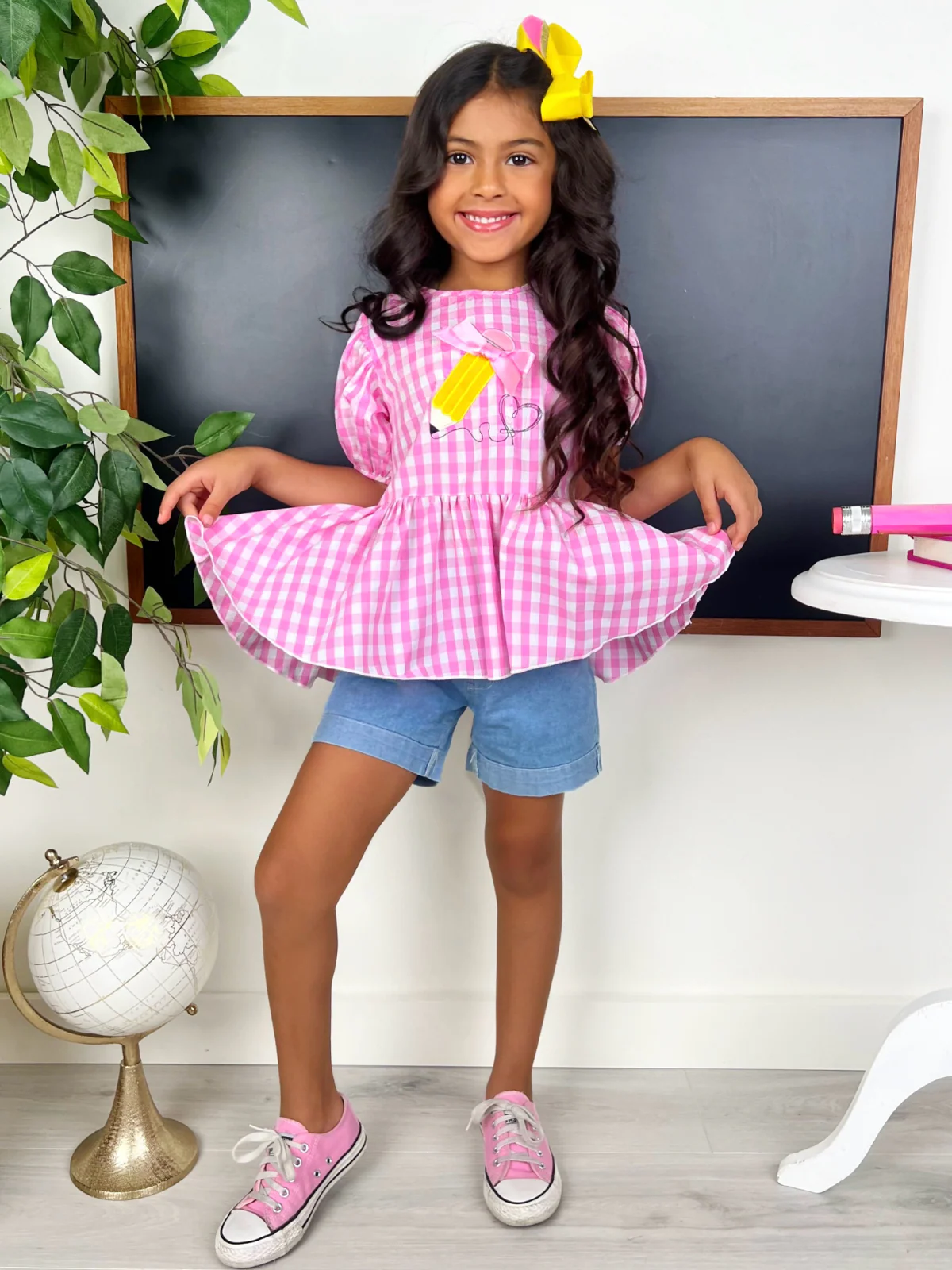 Write On Trend Pink Gingham Pencil Top & Denim Short Set - Image 6