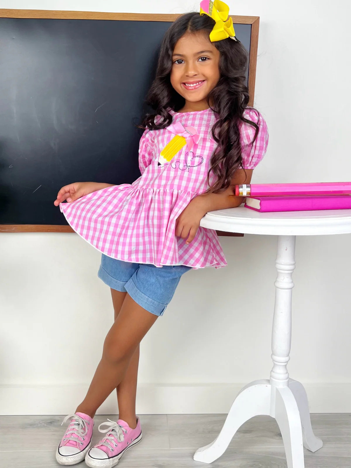 Write On Trend Pink Gingham Pencil Top & Denim Short Set - Image 7